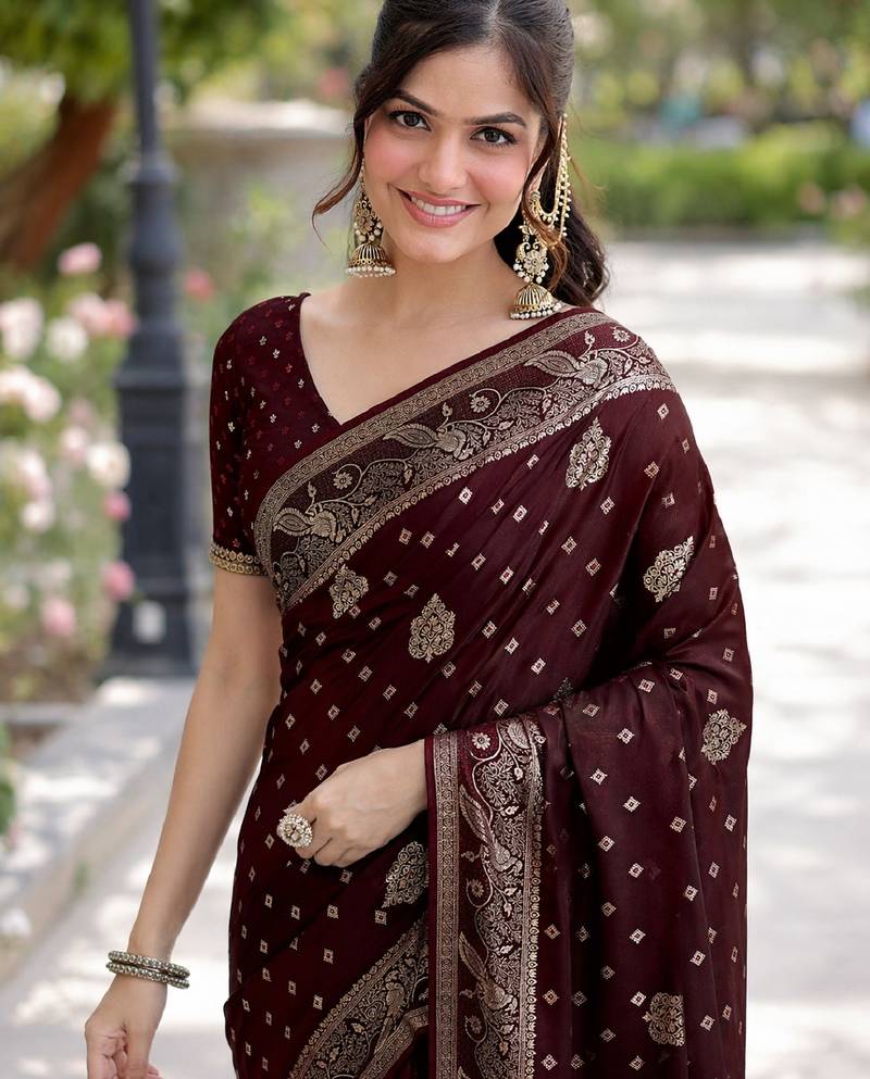 Maroon soft silk banarasi jacuard work designer party wear saree with unstitched blouse piece