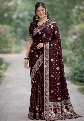 Maroon silk blend banarasi saree with unstitched blouse piece 3