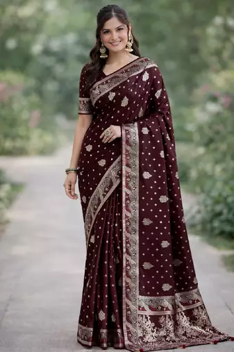 Maroon silk blend banarasi saree with unstitched blouse piece
