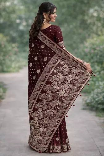 Maroon silk blend banarasi saree with unstitched blouse piece