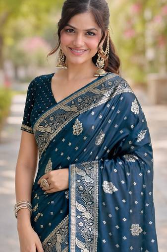 Rama soft silk banarasi jacuard work designer party wear saree with unstitched blouse piece