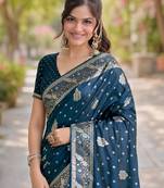Rama silk blend banarasi saree with unstitched blouse piece
