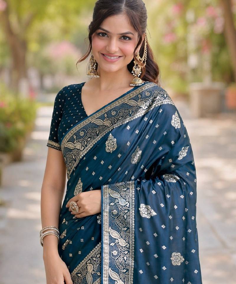 Rama soft silk banarasi jacuard work designer party wear saree with unstitched blouse piece