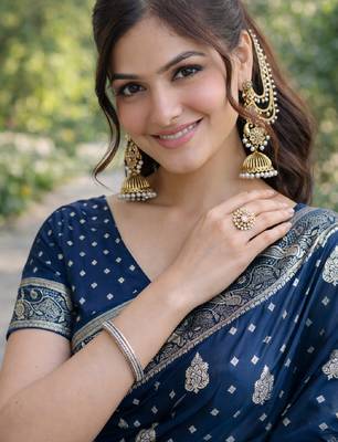 Rama silk blend banarasi saree with unstitched blouse piece 2