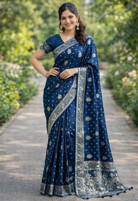 Rama silk blend banarasi saree with unstitched blouse piece 3