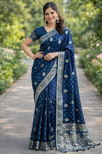 Rama silk blend banarasi saree with unstitched blouse piece