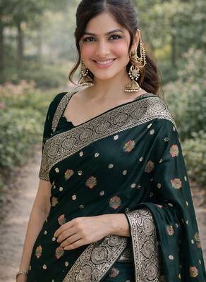 Green silk blend banarasi saree with unstitched blouse piece 1