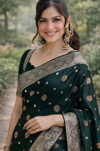 Green soft silk banarasi jacuard work designer party wear saree with unstitched blouse piece