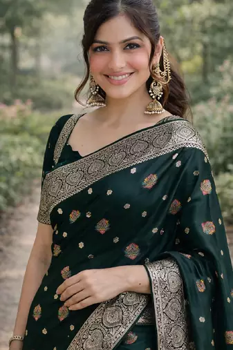 Green soft silk banarasi jacuard work designer party wear saree with unstitched blouse piece