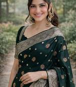 Green silk blend banarasi saree with unstitched blouse piece