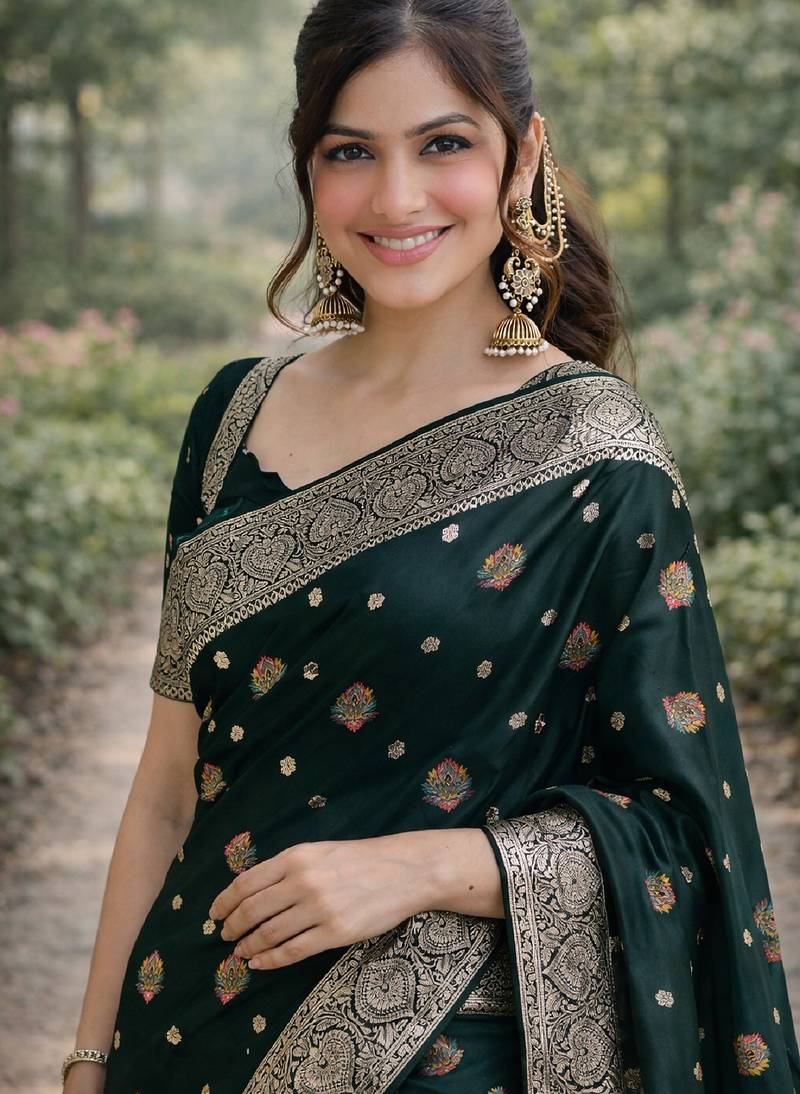 Green soft silk banarasi jacuard work designer party wear saree with unstitched blouse piece