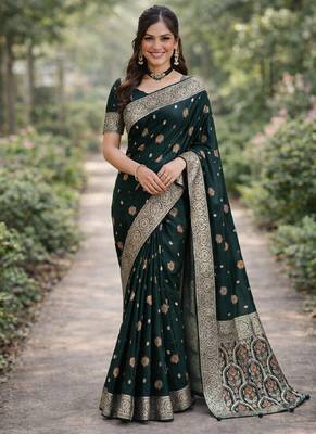 Green silk blend banarasi saree with unstitched blouse piece 3