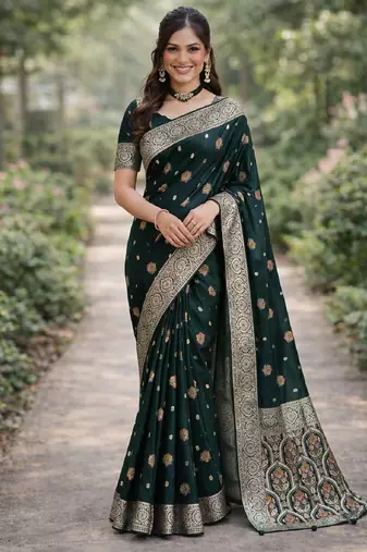 Green silk blend banarasi saree with unstitched blouse piece