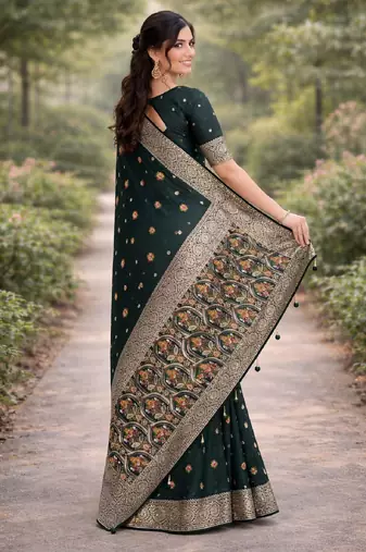 Green silk blend banarasi saree with unstitched blouse piece