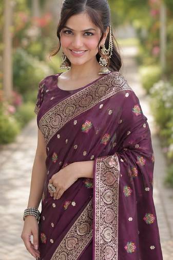 Wine soft silk banarasi jacuard work designer party wear saree with unstitched blouse piece