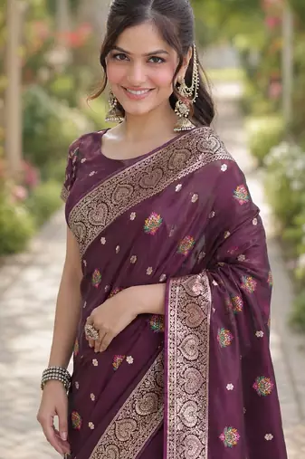 Wine soft silk banarasi jacuard work designer party wear saree with unstitched blouse piece