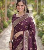 Wine silk blend banarasi saree with unstitched blouse piece