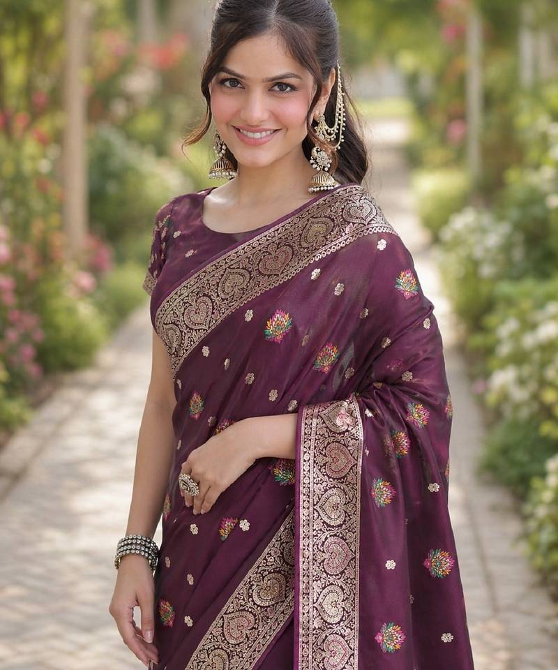 Wine soft silk banarasi jacuard work designer party wear saree with unstitched blouse piece