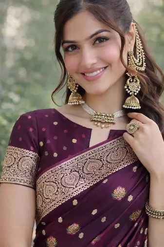 Wine silk blend banarasi saree with unstitched blouse piece