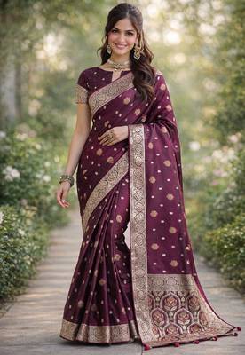 Wine silk blend banarasi saree with unstitched blouse piece 3