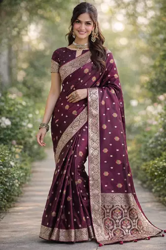 Wine silk blend banarasi saree with unstitched blouse piece