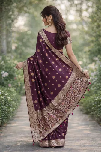 Wine silk blend banarasi saree with unstitched blouse piece