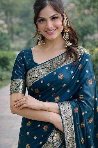 Rama soft silk banarasi jacuard work designer party wear saree with unstitched blouse piece