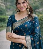 Rama silk blend banarasi saree with unstitched blouse piece