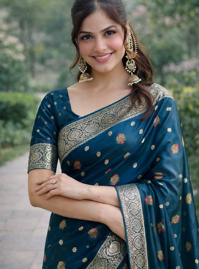 Rama soft silk banarasi jacuard work designer party wear saree with unstitched blouse piece