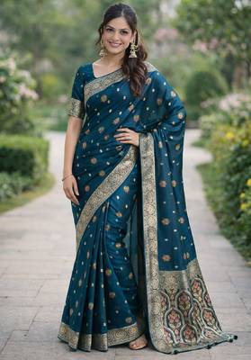Rama silk blend banarasi saree with unstitched blouse piece 3