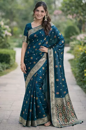 Rama silk blend banarasi saree with unstitched blouse piece