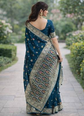 Rama silk blend banarasi saree with unstitched blouse piece 4