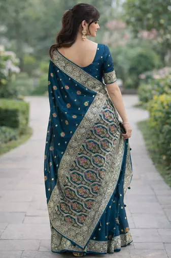Rama silk blend banarasi saree with unstitched blouse piece