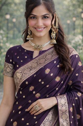 Plum soft silk banarasi jacuard work designer party wear saree with unstitched blouse piece