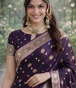 Plum silk blend banarasi saree with unstitched blouse piece
