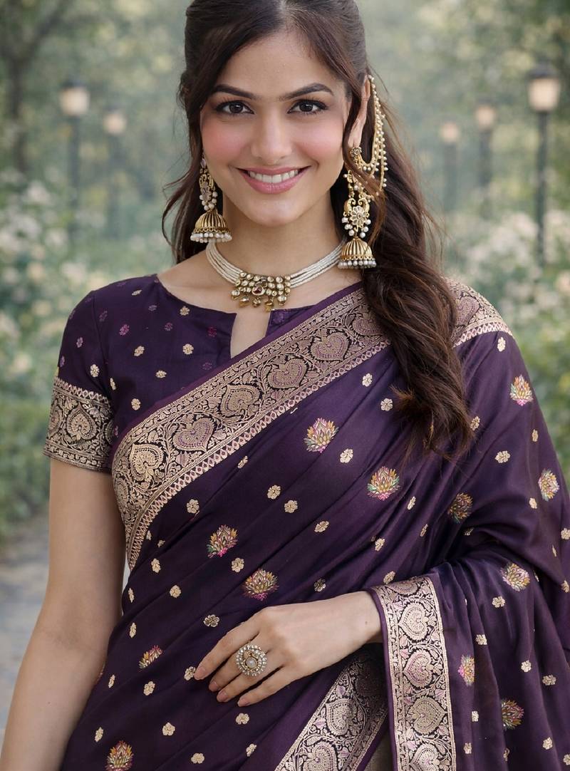 Plum soft silk banarasi jacuard work designer party wear saree with unstitched blouse piece