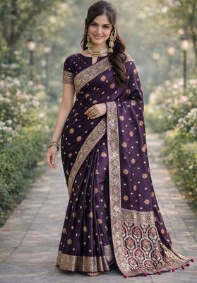 Plum silk blend banarasi saree with unstitched blouse piece 3