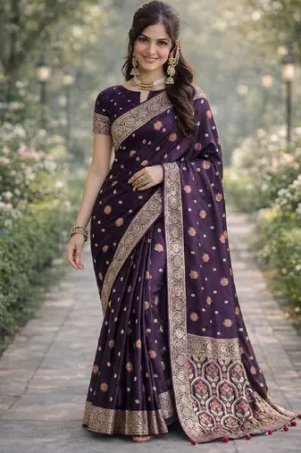 Plum silk blend banarasi saree with unstitched blouse piece