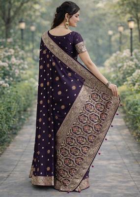 Plum silk blend banarasi saree with unstitched blouse piece 4
