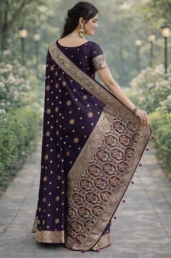Plum silk blend banarasi saree with unstitched blouse piece