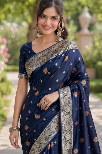 Blue soft silk banarasi jacuard work designer party wear saree with unstitched blouse piece