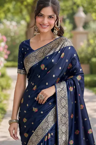 Blue soft silk banarasi jacuard work designer party wear saree with unstitched blouse piece