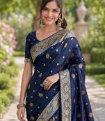 Blue silk blend banarasi saree with unstitched blouse piece