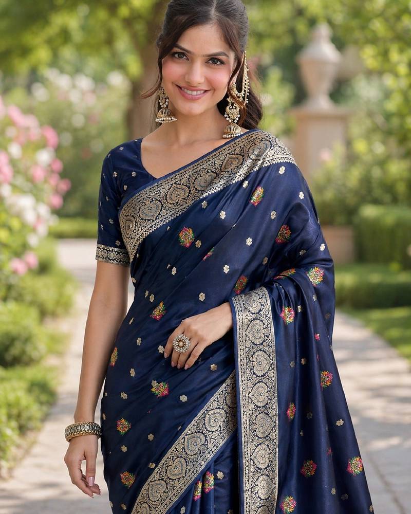 Blue soft silk banarasi jacuard work designer party wear saree with unstitched blouse piece