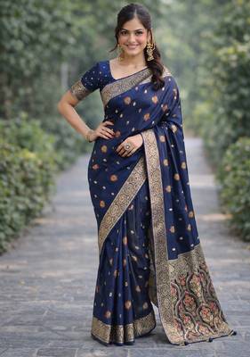 Blue silk blend banarasi saree with unstitched blouse piece 2