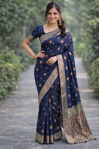 Blue silk blend banarasi saree with unstitched blouse piece