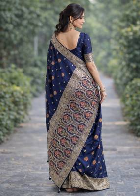 Blue silk blend banarasi saree with unstitched blouse piece 3