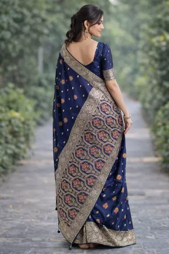 Blue silk blend banarasi saree with unstitched blouse piece
