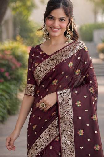 Maroon soft silk banarasi jacuard work designer party wear saree with unstitched blouse piece