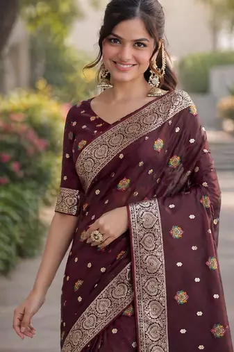 Maroon soft silk banarasi jacuard work designer party wear saree with unstitched blouse piece